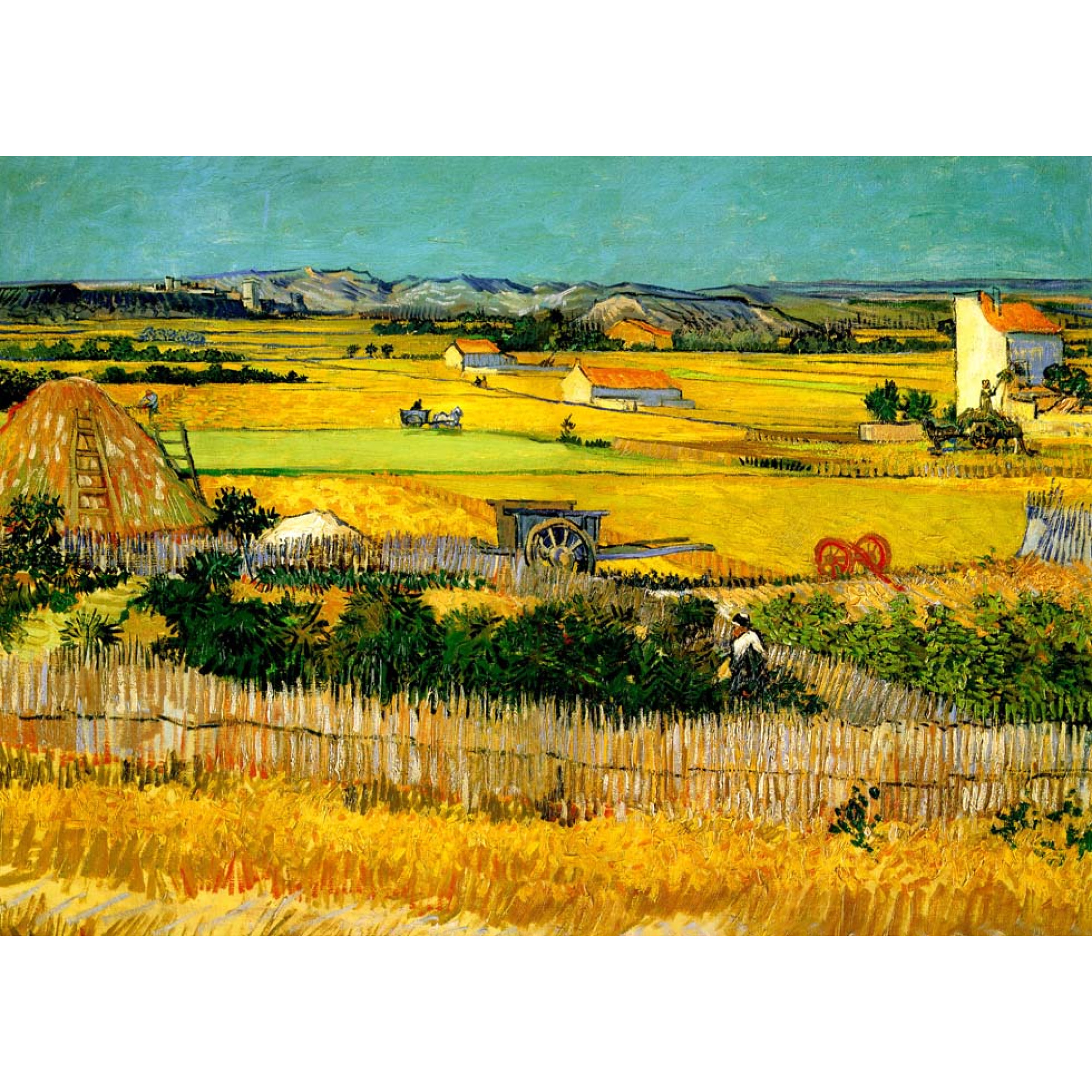 Mavi Arabalı Hasat Manzarası - Kanvas Tablo